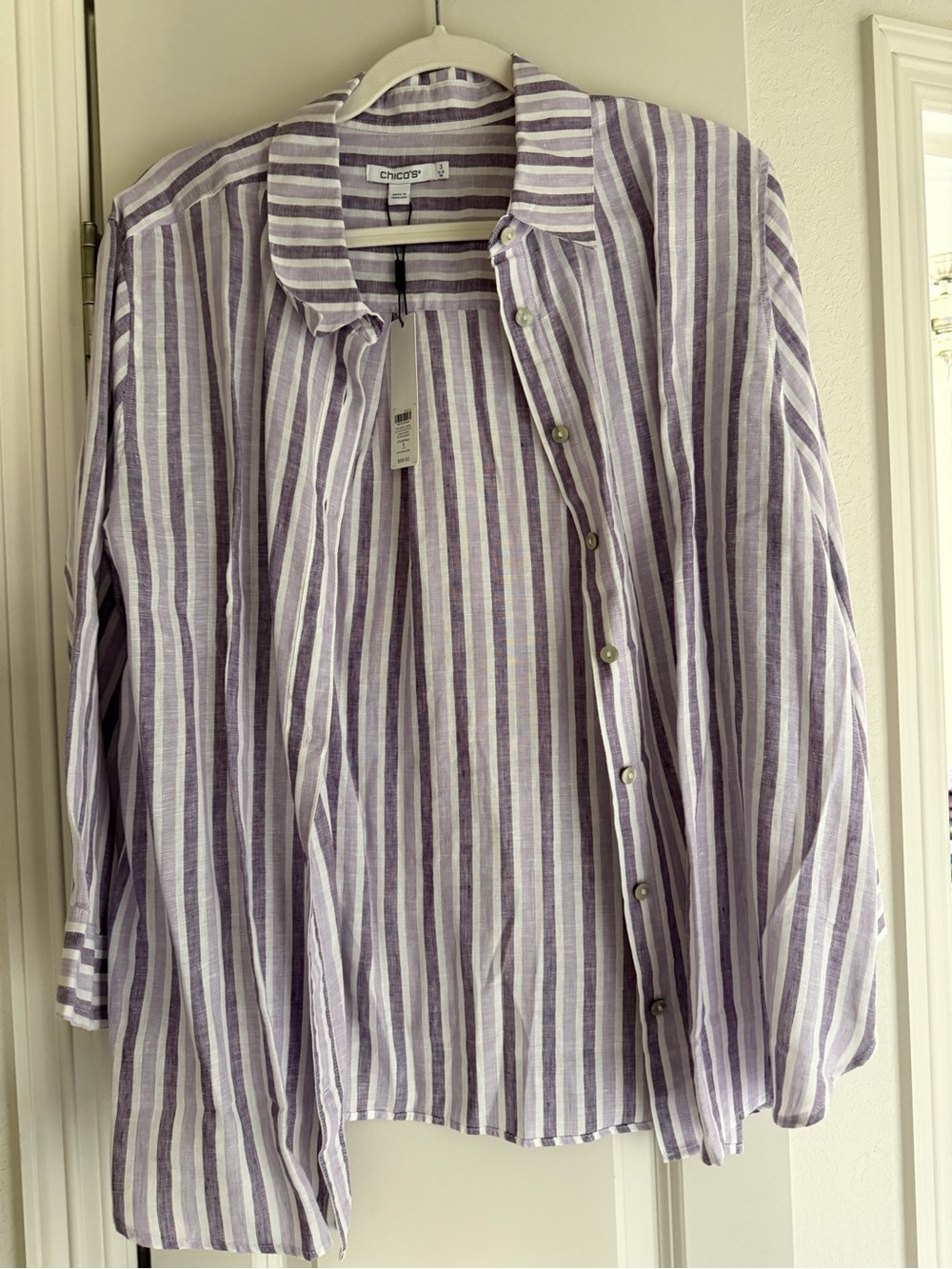 Chico's No Iron Linen Purple & White Striped Button-Up Shirt Size 3 (XL)